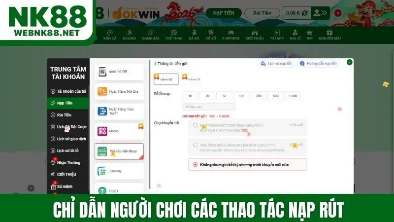 Chỉ dẫn người chơi các thao tác nạp rút